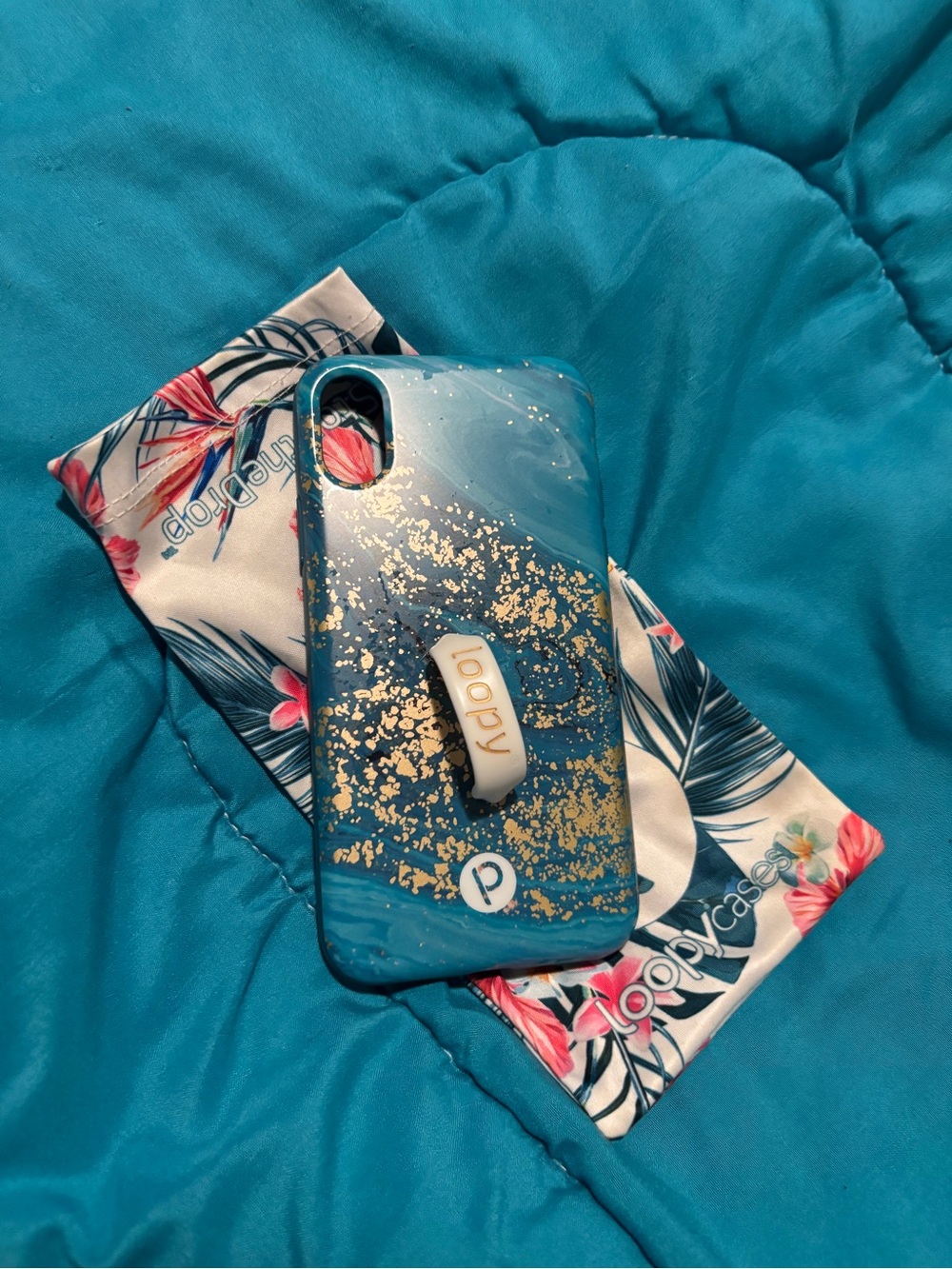 Loopy Case for iPhone X/XS , Teal Blue Phone Case with Gold Glitter